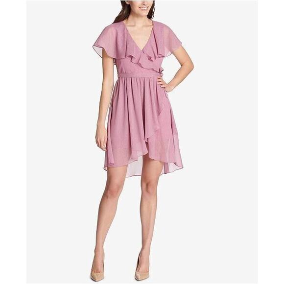 Kensie Women's Open Back Capelet Chiffon Dress in Pink Shimmer Size 14 MSRP $118 - Picture 1 of 6